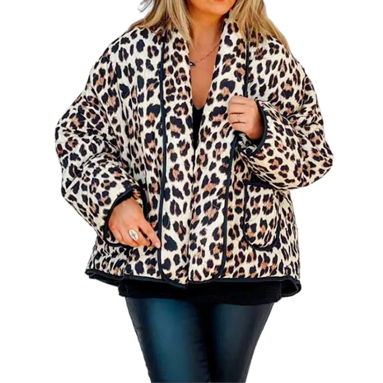 Women\'s Long Sleeved Cardigan Top Cotton Jacket Leopard Print Print Pocket Decoration Fashionable and Casual Versatile New