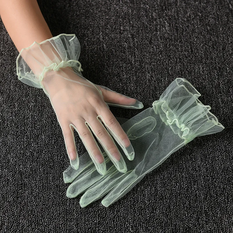 Retro Spring Summer Women Short Tulle Gloves White Black Wedding Gloves Stretchy Lace Full Finger Mittens Mesh Translucent Glove image 6