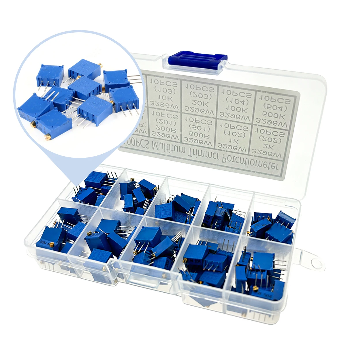 

100 шт. 3296 Вт регулируемые резисторы 100R, 200R, 500R 1K, 2K, 5K, 10K, 20K, 100K, 500K ohm комплекты коробок переменных резисторов