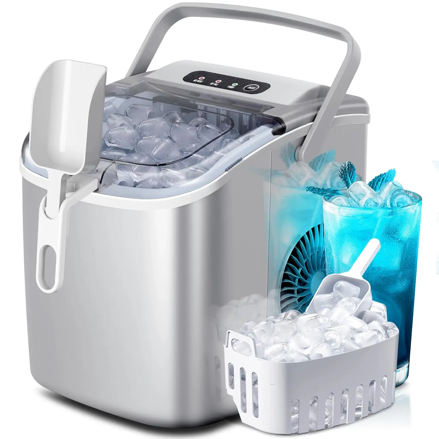 

Portable Countertop Ice Maker: 9 Bullet Ice Cubes in 6 Mins, 26Lbs/24H, Self-Cleaning, with Handle & Scoop, Black