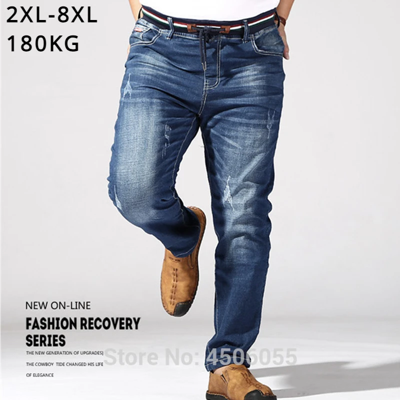 

Big Size Jeans Men 6XL 7XL 8XL 180KG Summer Trousers Thin Stretch Straight Loose Pants 5XL Denim Blue Plus Brand Ripped Clothes