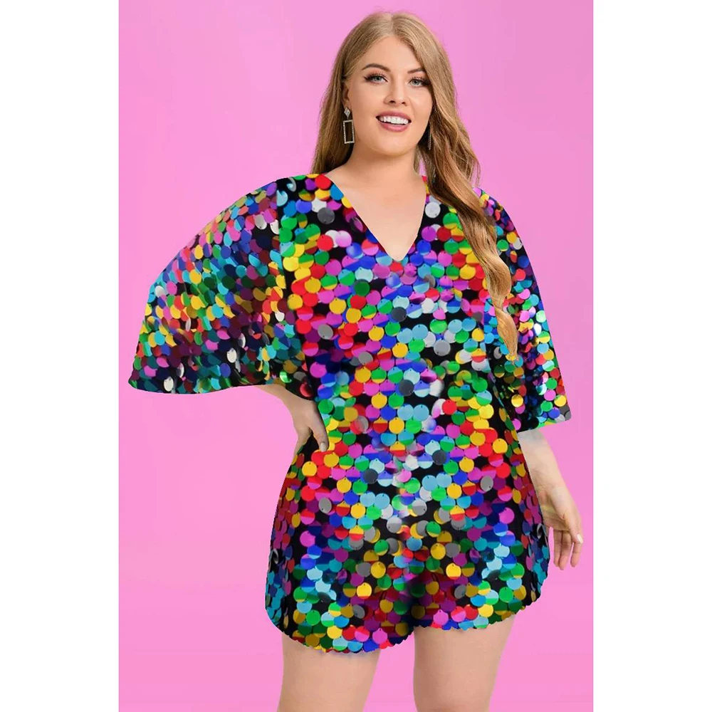 Plus Size Summer Party Multicolor Sequin V-Neck Dolman Sleeve Jumpsuit