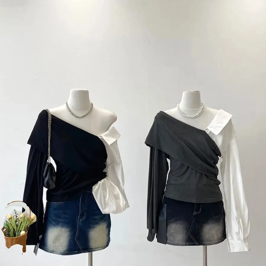 

2025 Spring New Women‘s Pullovers Korean Style Design Versatile Irregular Splicing Color Contrasting Long Sleeve T-shirt Top