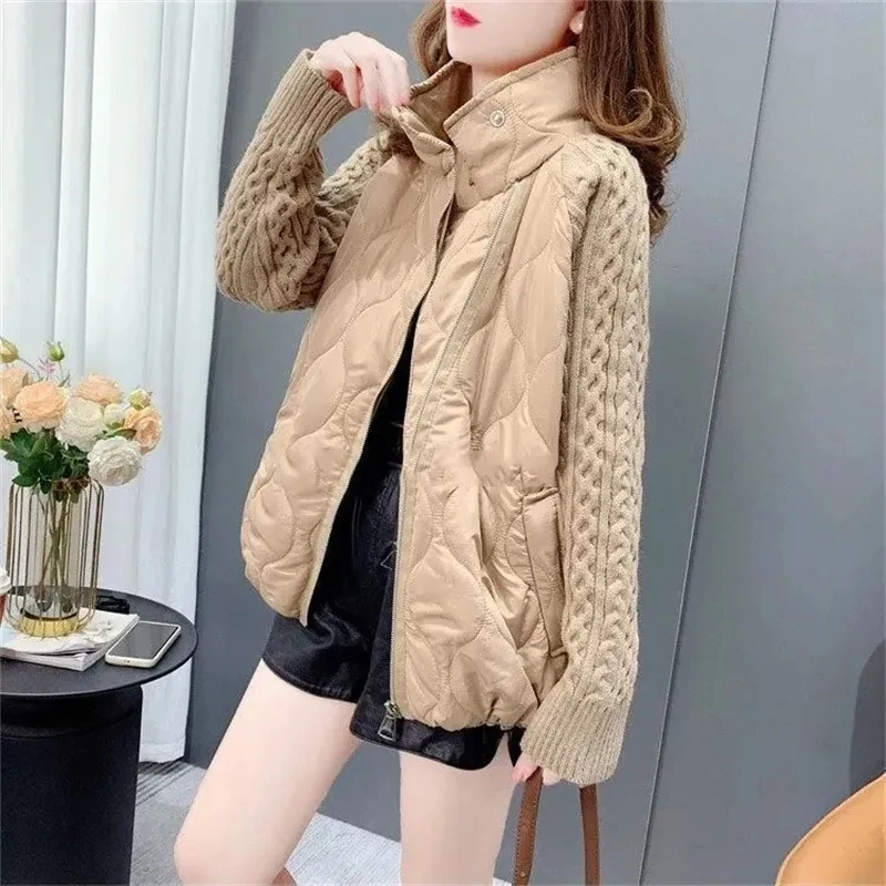 Women Standing Collar sweater Patchwork Down cotton coat Female Autumn Winter 2023 New Loose Design Cardigan Outcoat Top Ladies