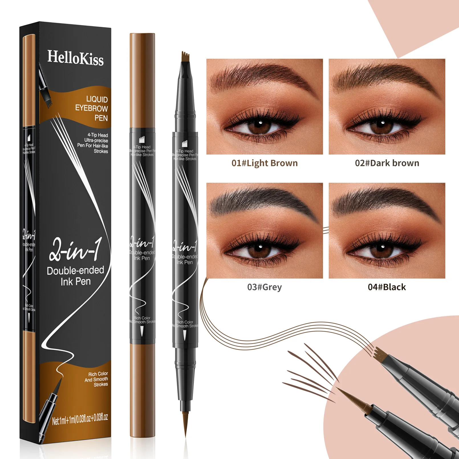 Natural waterproof and non smudging four claw eyebrow pencil with double ended forked liquid eyebrow pencil