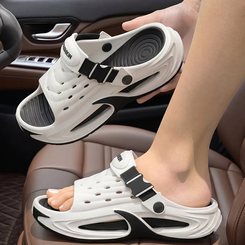 Open Toe Chunky Platform Beach Sandals Men Anti Slip Hollow Out Thick Sole Eva Slippers Men Outdoor Drive Fishing Soft Sandals