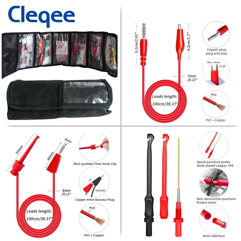 Cleqee P1957 Multimeter Wire Piercing  Probes Test Leads Kit with Puncture Needle 4mm Banana Plug Alligator Clip 64PCS
