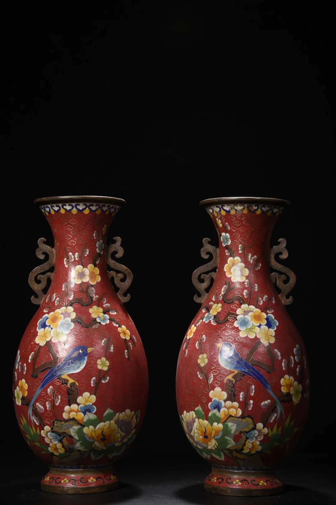 

14"Tibetan Temple Collection Old Bronze Cloisonne Enamel Magpie Plum Blossom Texture Dragon Ear Bottle Vase A pair Town House