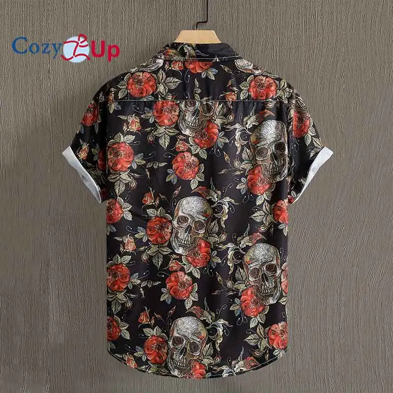 Skull & Rose Print Men's Casual Short Sleeve Shirt, Men's Shirt For Summer Vacation Resort, Tops For Men, Gift For Men