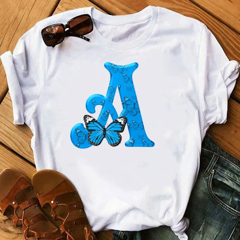 26 English Letters Butterfly Print T-shirt Short Sleeve Women Oversized T Shirt  Tops  Graphic T Shirts  Harajuku  Harajuku