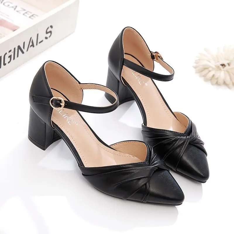 Women\'s Sandals Pointed Toe Ladies Shoes Closed Dress Buckles Square Heels Half or Chic and Elegant High Quality Designer Daily