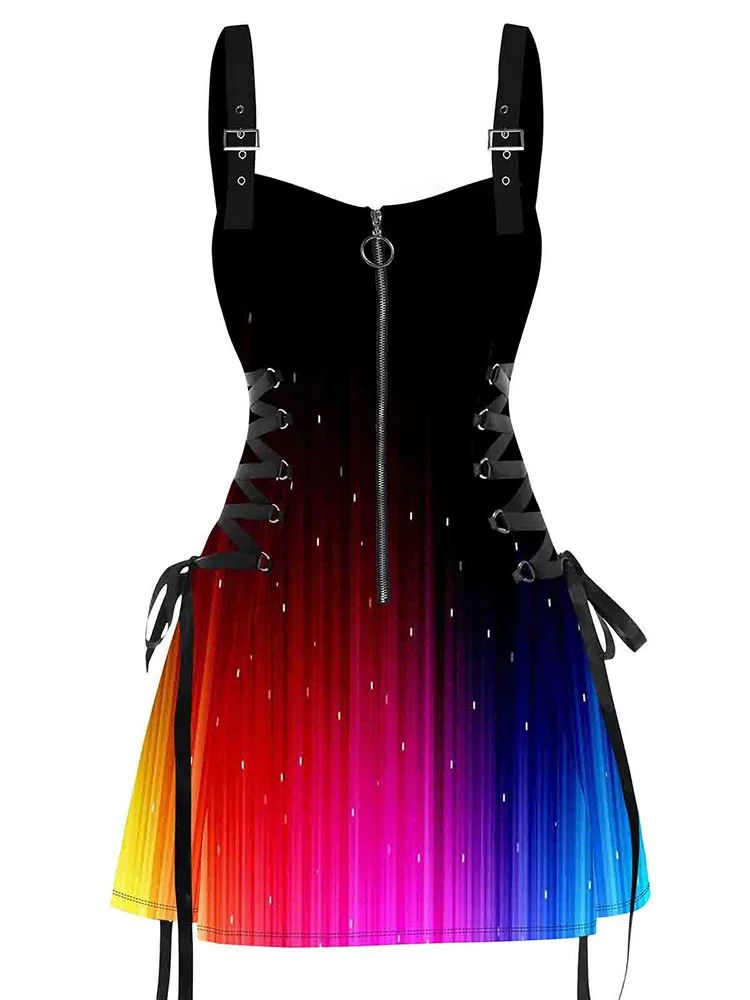 Dressfo Womens Lace Up Half Zipper Mini Dress Rainbow Glitter Print Buckle Strap Dress Sleeveless Dress Sundresses