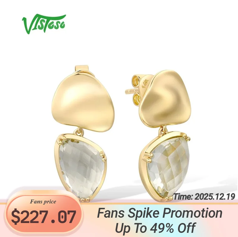 

VISTOSO Gold Earrings For Women Pure 14K 585 Yellow Gold Sparkling Green Amethyst Unique Elegant Earrings Trendy Fine Jewelry