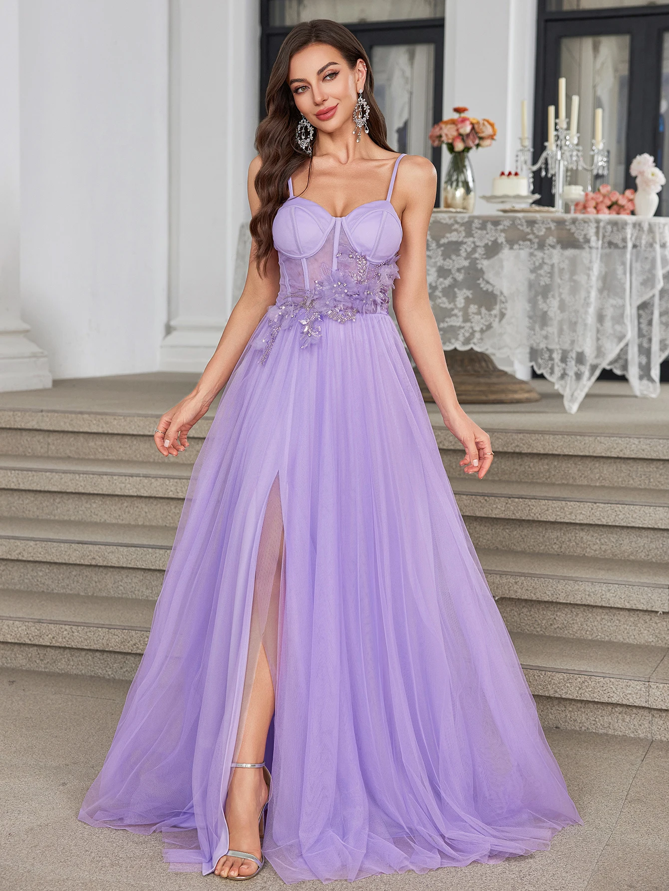

UNITHORSE Women's Elegant Spraghhetti Breast Pad Sleeveless Skirt Luxury Appliques Maxi Mesh Fabric Prom Dress