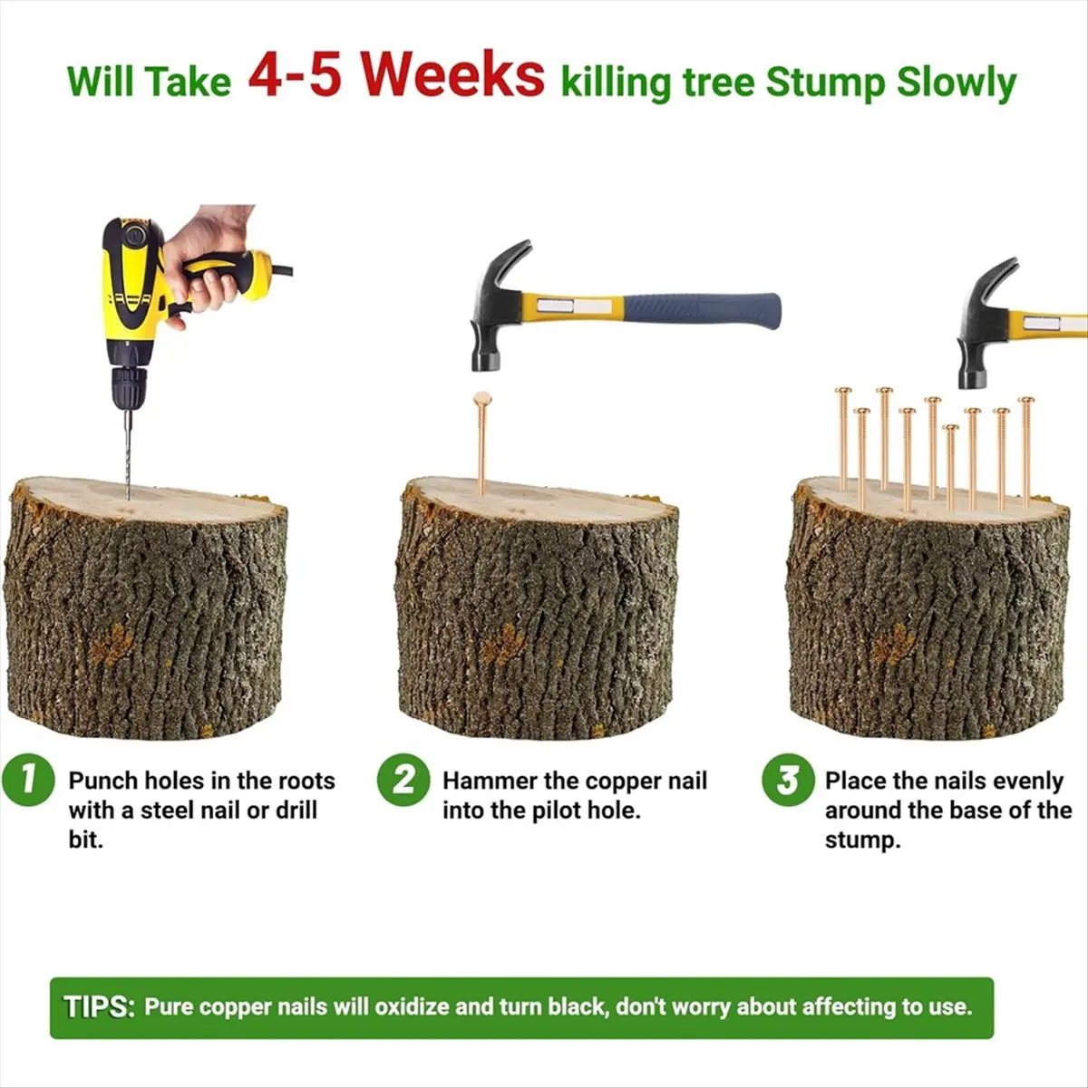 FTGT-10pcs Copper Nails for Killing Trees Stump Root, 3.15 Inch Long Pure Copper Nails Bulk with Drill, Stump Removal Spikes