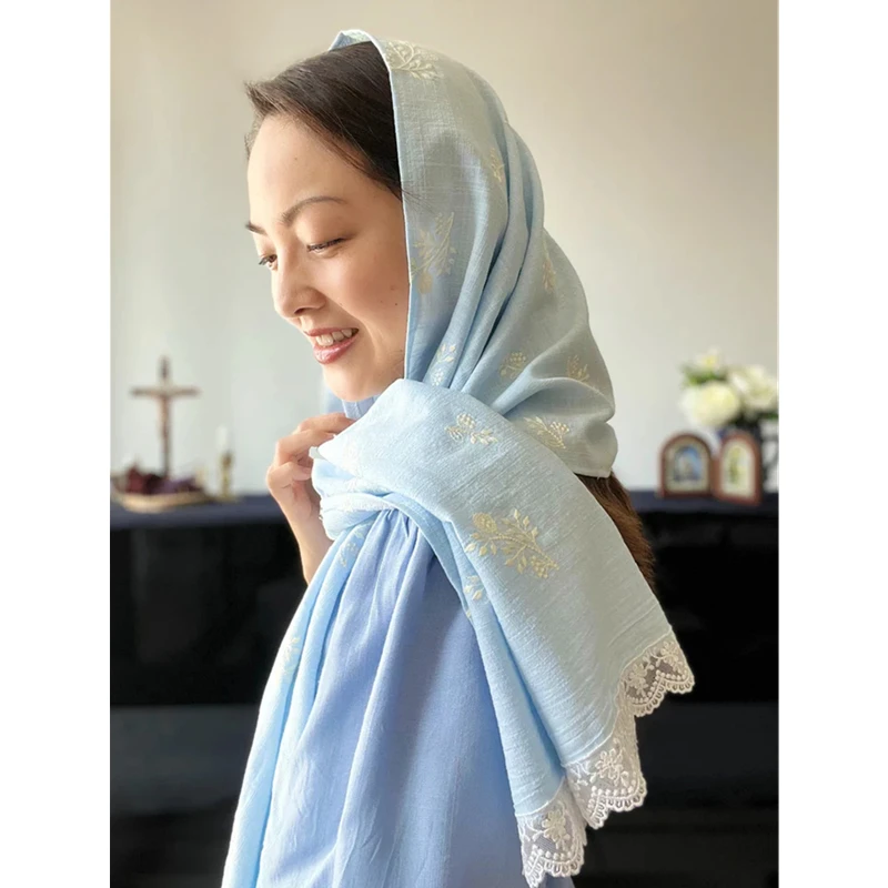 Cotton Rectangular Wrap Mantilla Veils For Church Chapel Catholic Mass Prayer Head Covering Blue Embroidered Floral Vintage Long