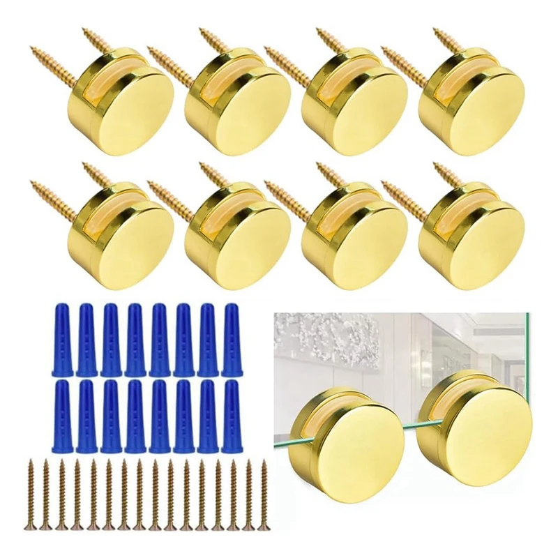 Монтажное оборудование для безрамного зеркала 3-5 мм. Комплект из 8 двухвинтовых крепежных комплектов для крепления зеркала с винтами и анкерами. Простой в использовании, золотой.