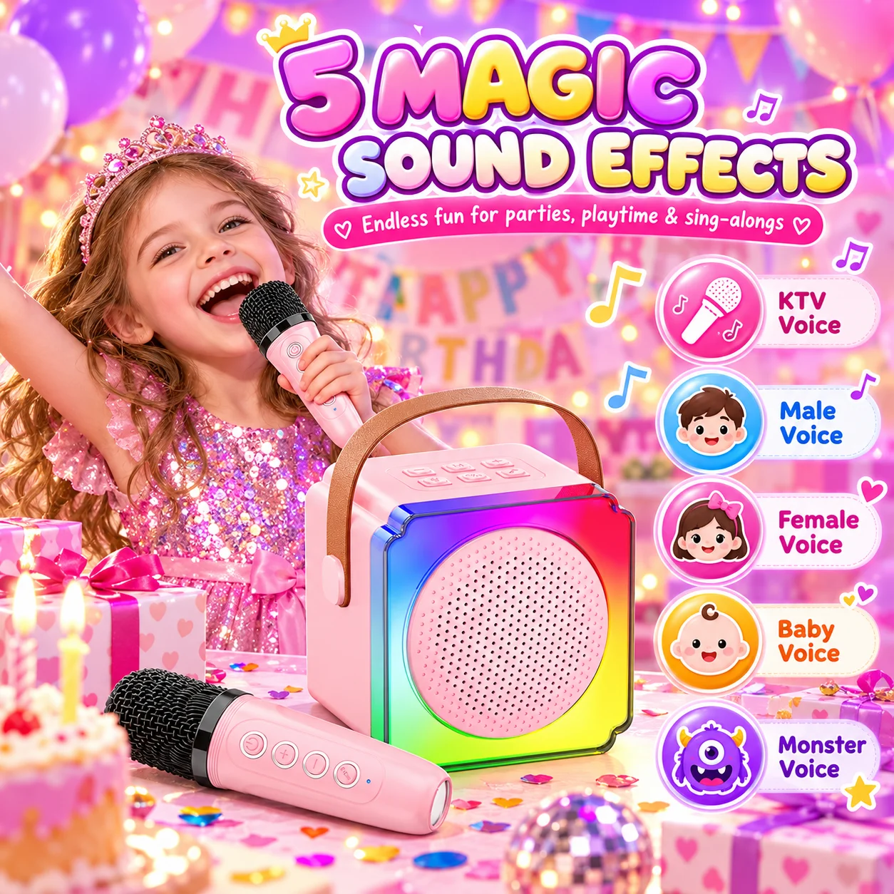 Pink Kids Karaoke Machine with 2 Wireless Microphones, Portable Bluetooth Speaker RGB Color Lights, Birthday Party Gift