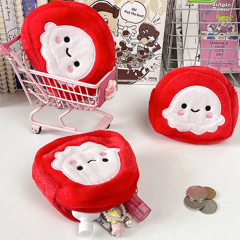 Porte-monnaie en peluche poulpe rouge de dessin animé mignon, mini portefeuille portable à fermeture éclair avec porte-clés, sac de rangement pour écouteurs, clé, carte d'identité et carte de crédit, 1PC