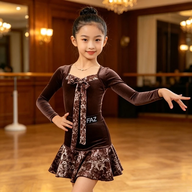 Girls Long Sleeve Latin Dance Dress Kids Ballroom Competition Stage Performance Dance Wear Performance Accessories Dance Wear