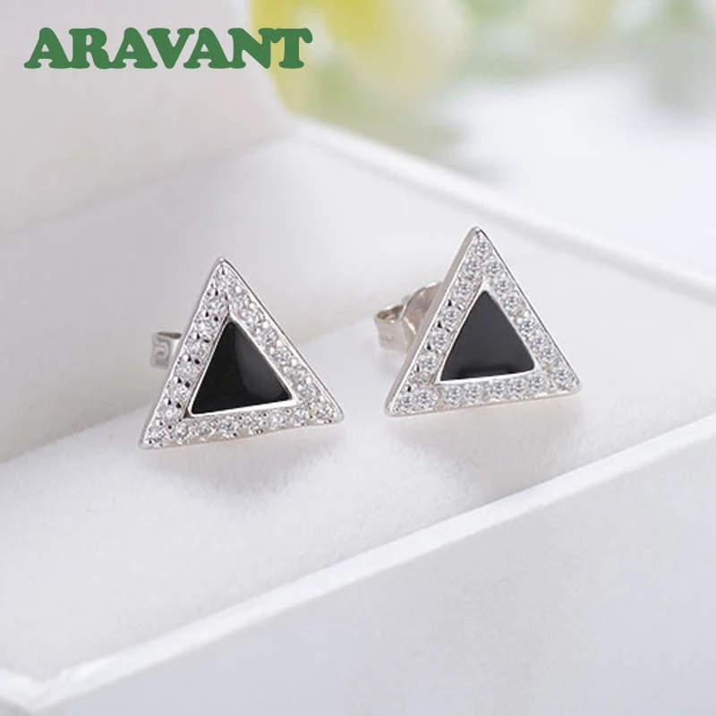 Aravant 925 Sterling Silver Triangle Black Zircon Stud Earrings For Women Girls Fashion Jewelry