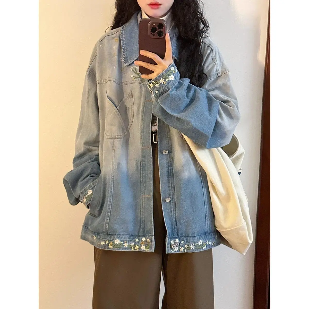 

Джинсовая джинсовая куртка с цветочной вышивкой в стиле ретро, весенне-осенняя верхняя одежда Faion Design Sense для подростков