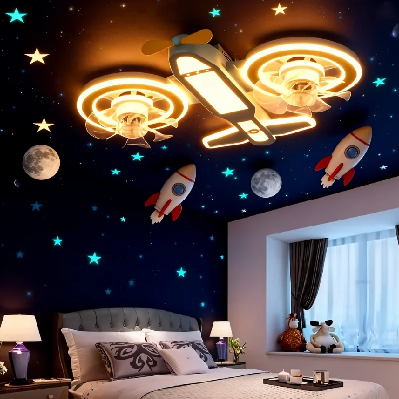 New Model Airplane Ceiling Fan Light Cartoon LED Fan with Strong Wind Quiet LED Fan Safe for Kids Boy Bedroom Nursery Home Decor