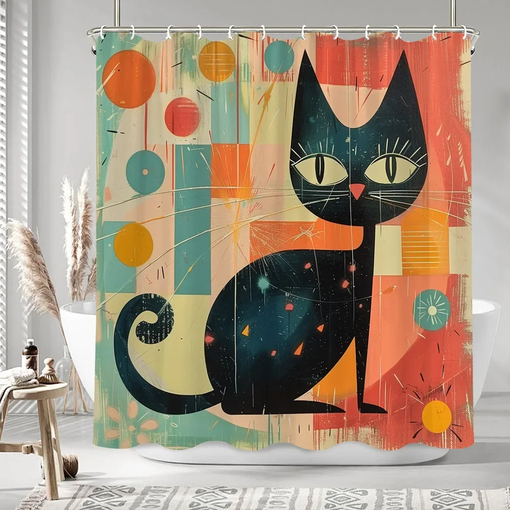 Black Cat Oil Painting Artwork Shower Curtain Bohemian Sand Colourful Painting Polyester Bath Curtains Bathroom Decor with Hooks