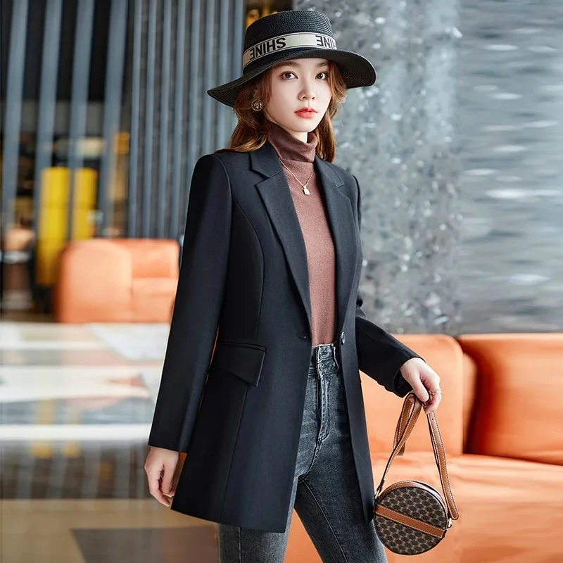 Autumn Winter Ladies Mid Long Blazer Women’s Single Button Black Purple Female Casual Jacket Coat Office Blazer Female Outerwear