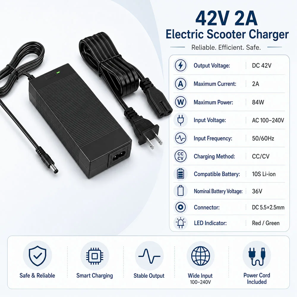 42V 2A 5A Electric  Charger 1 Prong 5.5mm DC Plug for 36V 10S Lithium Battery Compatible with Gotrax   Charger