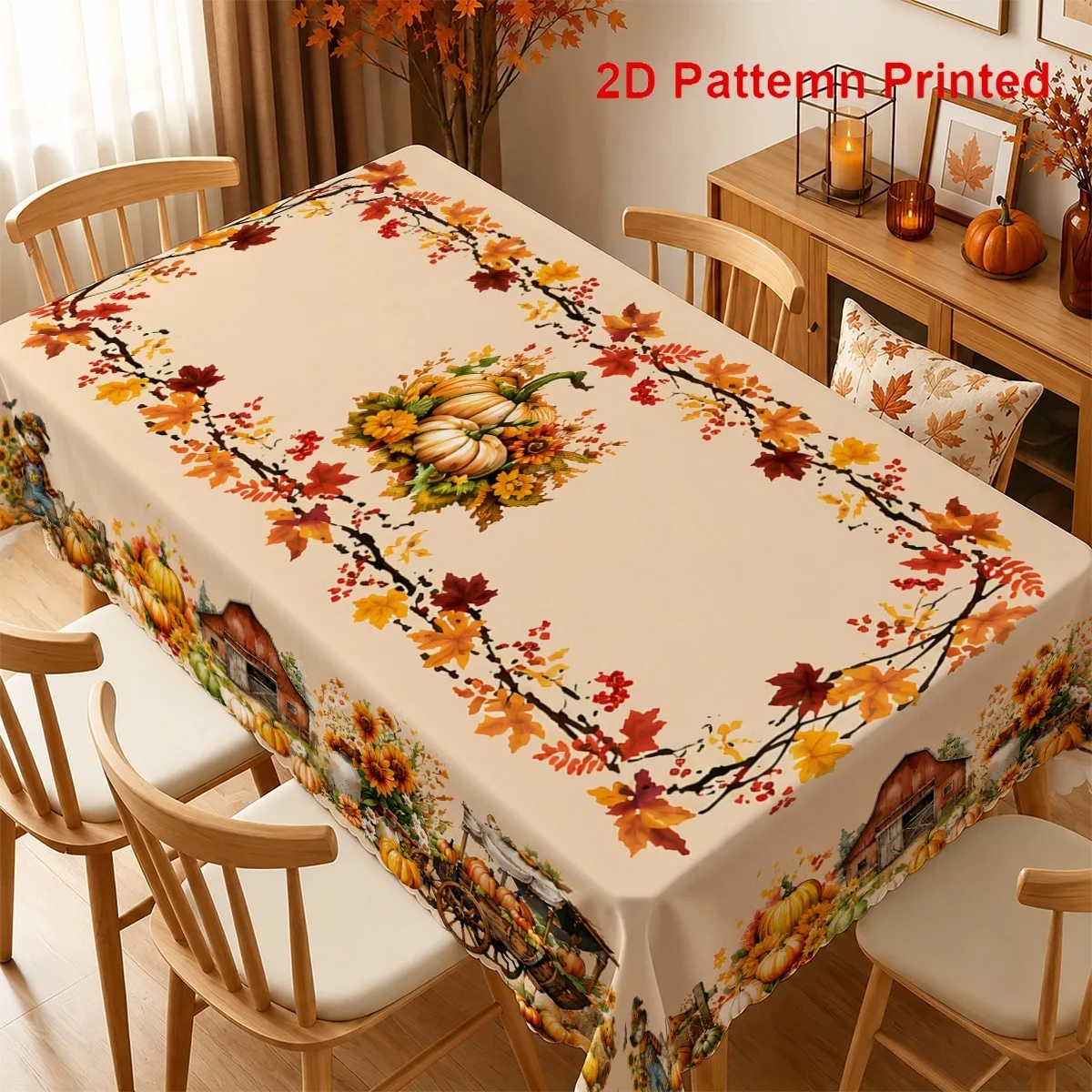 1pc Party Tablecloth, Retro Autumn Maple Leaf Garland Barn Straw Man Pumpkin Rectangular Tableclothzyc