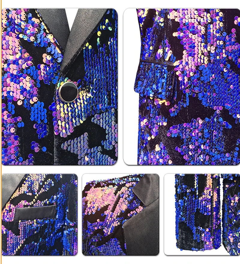 Shiny Purple Sequins Velvet Suit Jacket Men One Button Slim Fit Dress Blazers Mens Wedding Groom Party Stage Prom Blazer Homme