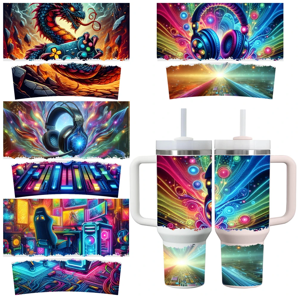 4 Sheets Dragon Headphones Keyboard Gamer Landscape UV DTF Stickers for 40oz Tumblers Waterproof DIY Decals Decorative Vinyl