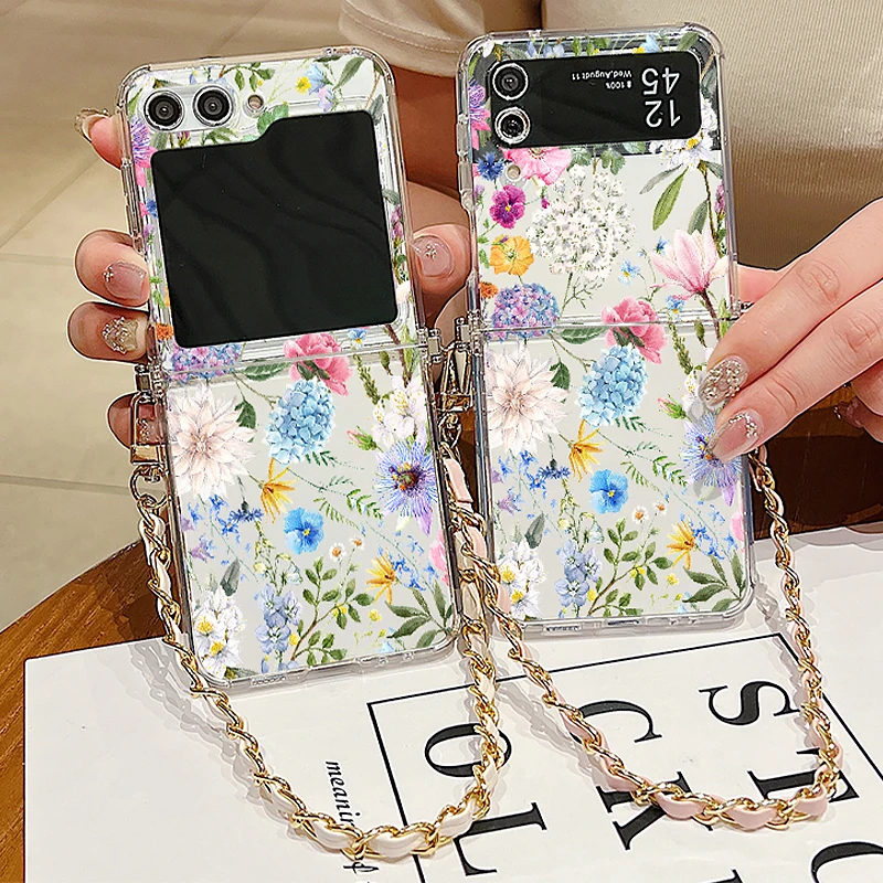 Hydrangea Print Clear Metal Lanyard Case For Samsung Galaxy Z Flip5 Flip6 Flip4 Flip3 Flip 6 5 4 3 Shockproof Soft Phone Cover