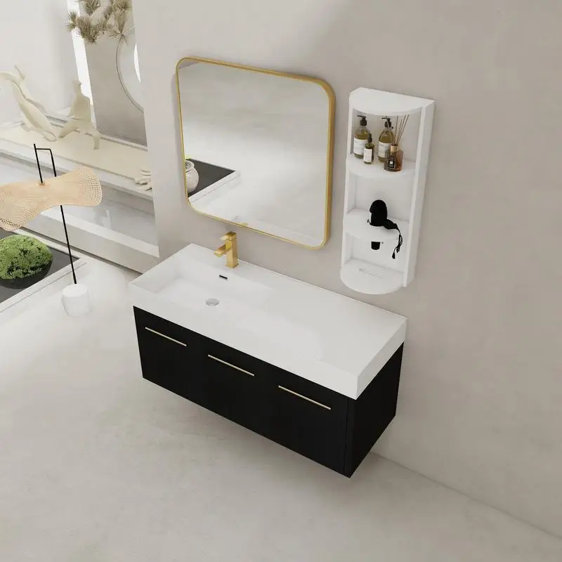 

48" Wall-Mounted Bath Vanity with Sink & Storage Rack, Thick Edge Resin Left Basin, KD Packaging