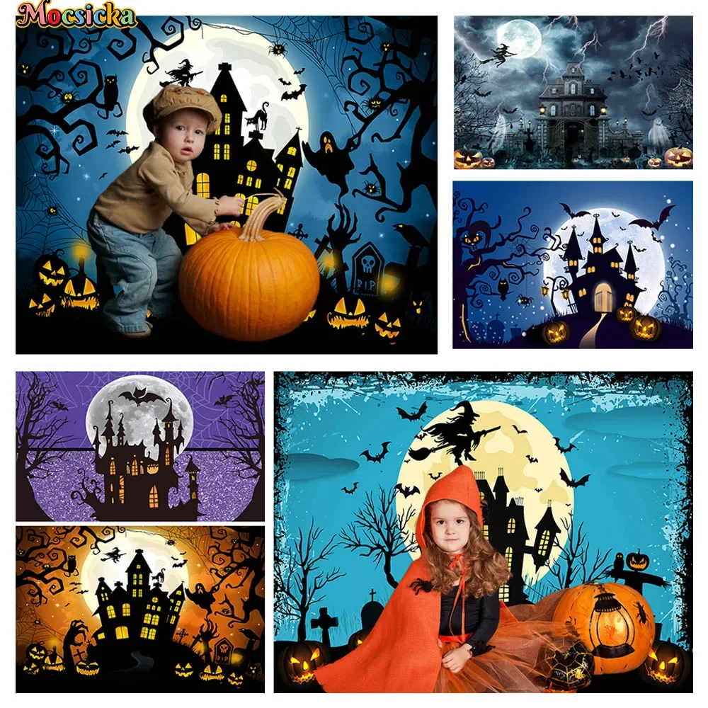

Halloween Night Party Backdrop Photography Witch Magic Castle Pumpkin Bat Moon Decor Horror Background Children Home Photobooth