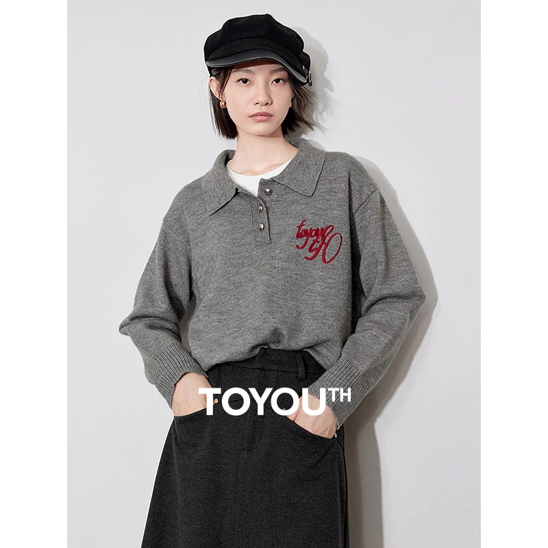 TOYOUTH Women Knitted Sweater 2024 Autumn Winter New Letter Embroidered POLO Collar Long Sleeve Pullover Sweater Grey Tops