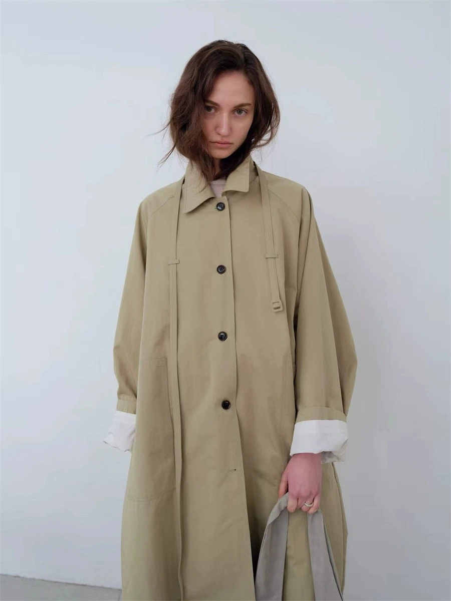 Loose Long Coat with Thin Waist Belt Spring New Design Women's Busin Casual Sle Pure Color  Collar Single Button