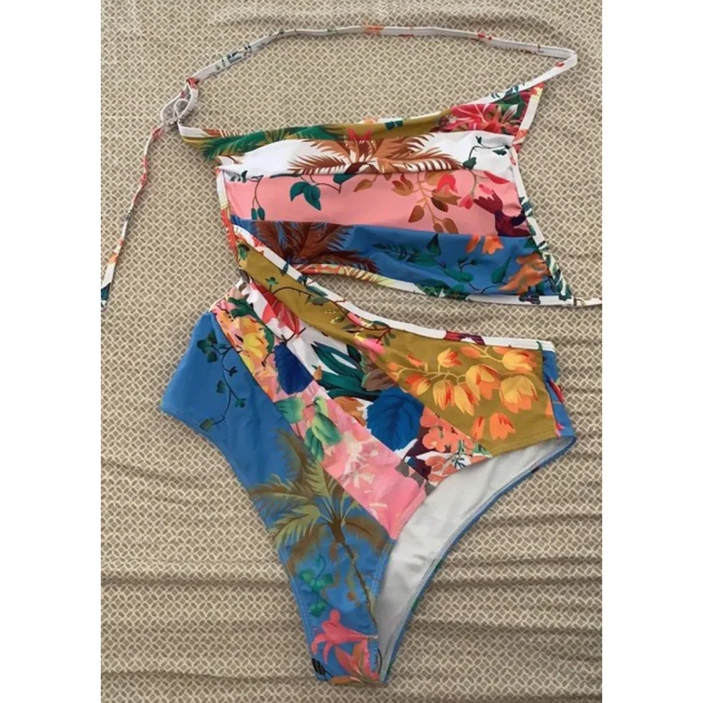 Floral Cutout One-Shoulder One-Piece Swimsuit Tankini Women Swimming Suits Swimwear Patchwork 2022 Luxury Shorts Bourkini