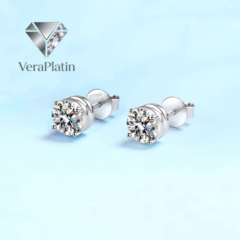 

VeraPlatin Daughter Birthday Gift PT950 Platinum 0.5/1/2ct Screw Stud Earrings Women Wedding Fine Jewelry Girl Valentine's Day E