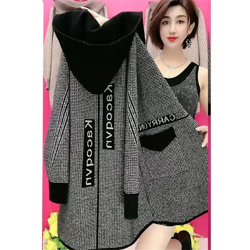 Mother\'s Spring Autumn Coat Female With Long Foreign Hnitted Hooded Jackets For Middle-Aged Elderly Women\'s Cardigan Outerwear