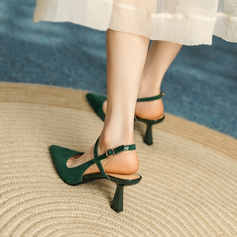 2022 Summer Women Shoes Pointed Toe Slingback High Heels Elegant Modern Sandals Retro Sheep Suede Shoes Women Solid Heels Women