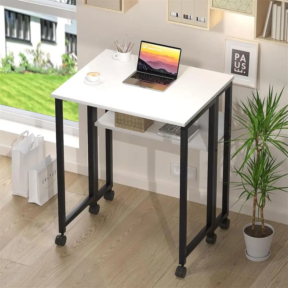 Compact Rolling Desk with Storage, 24.8 White Foldable Computer Desk for Small Spaces, Easy Assembly