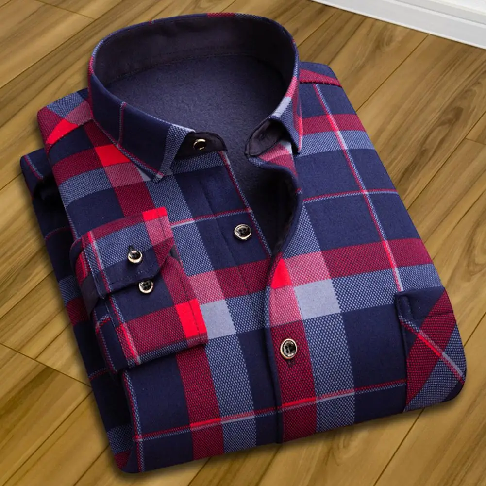 Checkered Men Shirt Comfortable Men's Plaid Shirts for Casual Spring Autumn Wear Lapel Collar Button Down Pocket Details