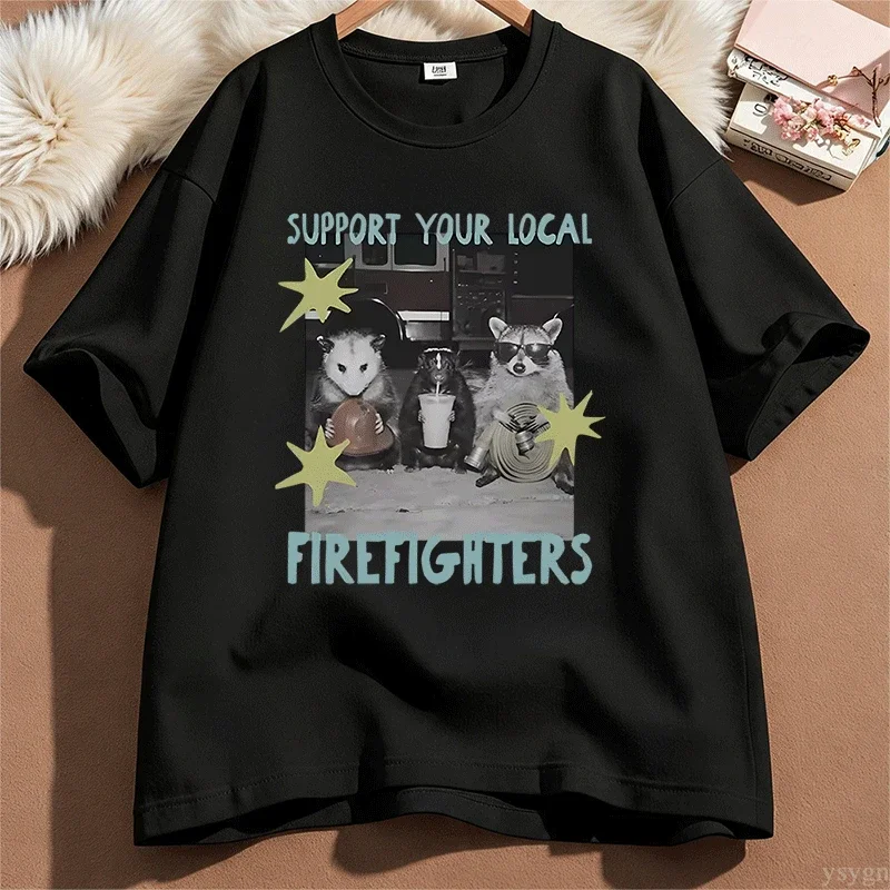 Funny Firefighter Raccoon Women T Shirt First Responder Tshirt Possum Funny Cotton Short Sleeve T-shirts Round Neck Printed Tees