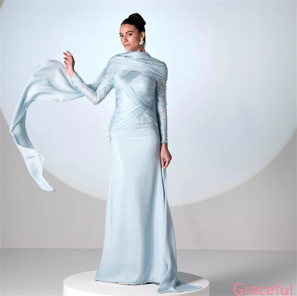 فستان سهرة كلاسيكي من الجيرسيه الأزرق مخصص برقبة دائرية وأكمام طويلة فستان العودة للوطن مناسبة خاصة فساتين عصرية عالية الجودة #4