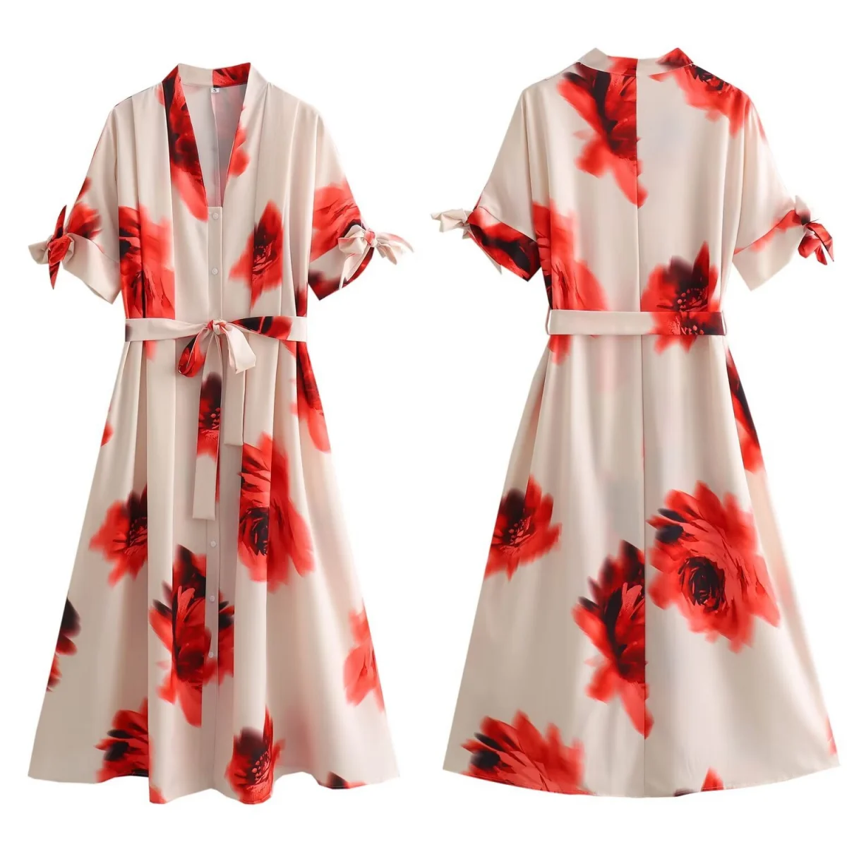 

Printed Shirt Dress Women's Pleated Long Dress Women's Short Sleeve Midi Dress Belt Button Women's Dress 2024 Fashion