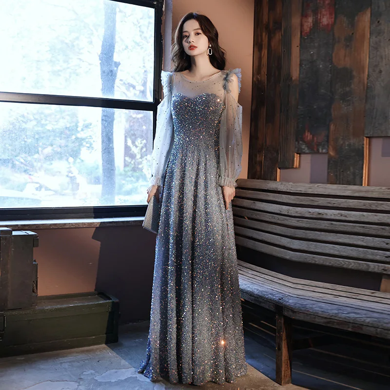 

O-Neck Sequin Evening Dress For Women 2024 New Long Sleeved Birthday Banquet Host Long Style Annual Meeting Exquisite Dresses