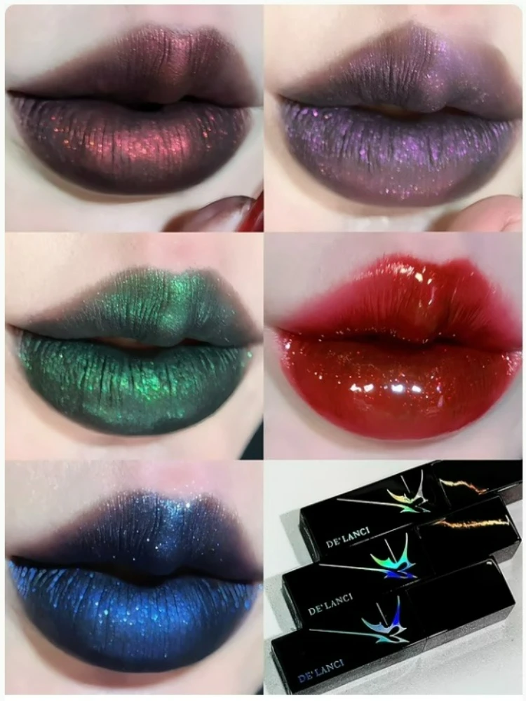 DE'LANCI High Coverage Black Lipstick Dark Gothic Punk Smoky Fine Flash Sparkle Long-lasting Lip Makeup 10G Capacity