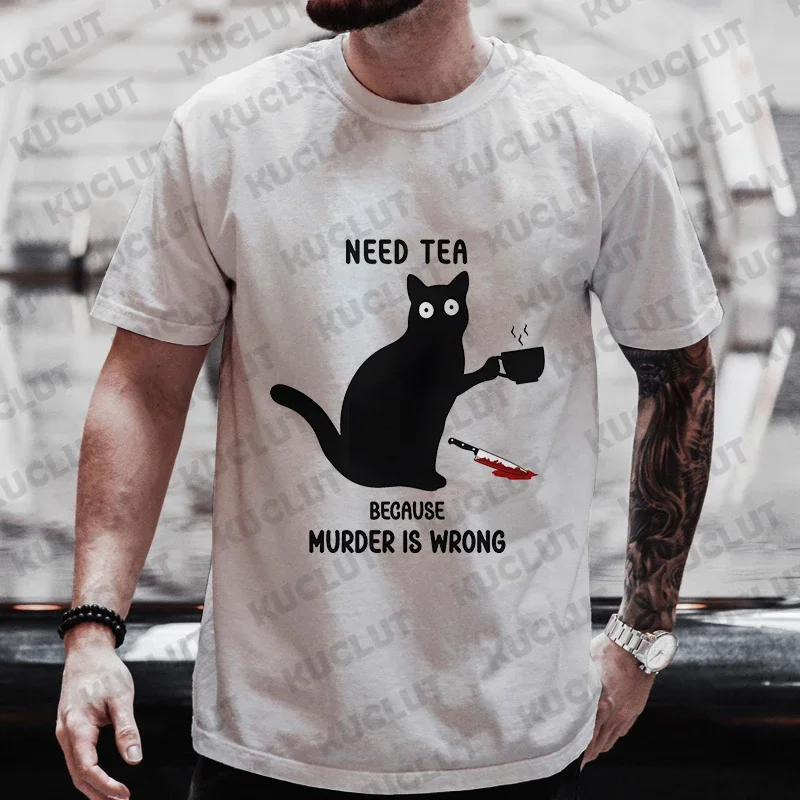 Men\'s Street Wear Cat Lover Funny Coffee Because Murder Print T-shirt Short Sleeve O-neck Streetwear Summer T Shirts Men